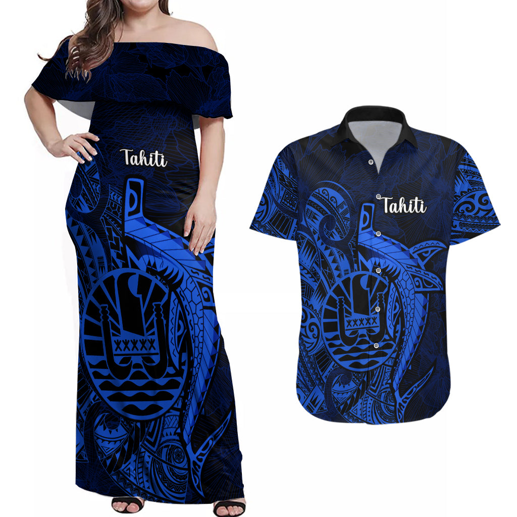 French Polynesia Tahiti Couples Matching Off Shoulder Maxi Dress and Hawaiian Shirt Polynesian Shark Tattoo With Hibiscus Blue Version LT14 Blue - Polynesian Pride