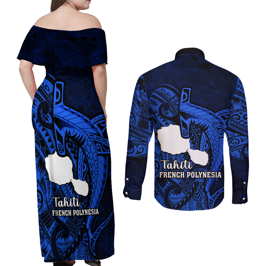 French Polynesia Tahiti Couples Matching Off Shoulder Maxi Dress and Long Sleeve Button Shirts Polynesian Shark Tattoo With Hibiscus Blue Version LT14 - Polynesian Pride
