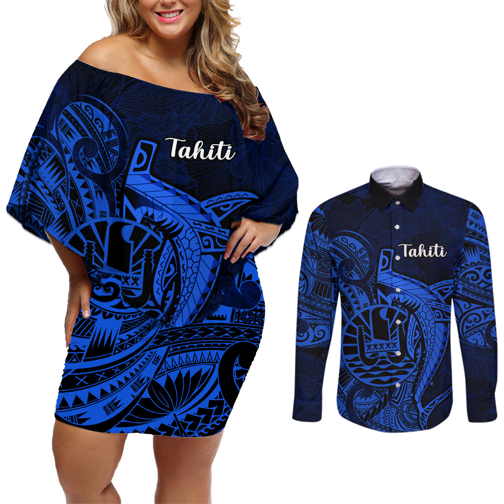 French Polynesia Tahiti Couples Matching Off Shoulder Short Dress and Long Sleeve Button Shirts Polynesian Shark Tattoo With Hibiscus Blue Version LT14 Blue - Polynesian Pride