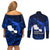 French Polynesia Tahiti Couples Matching Off Shoulder Short Dress and Long Sleeve Button Shirts Polynesian Shark Tattoo With Hibiscus Blue Version LT14 - Polynesian Pride