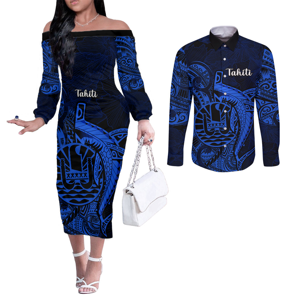 French Polynesia Tahiti Couples Matching Off The Shoulder Long Sleeve Dress and Long Sleeve Button Shirts Polynesian Shark Tattoo With Hibiscus Blue Version LT14 Blue - Polynesian Pride