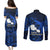 French Polynesia Tahiti Couples Matching Puletasi Dress and Long Sleeve Button Shirts Polynesian Shark Tattoo With Hibiscus Blue Version LT14 - Polynesian Pride