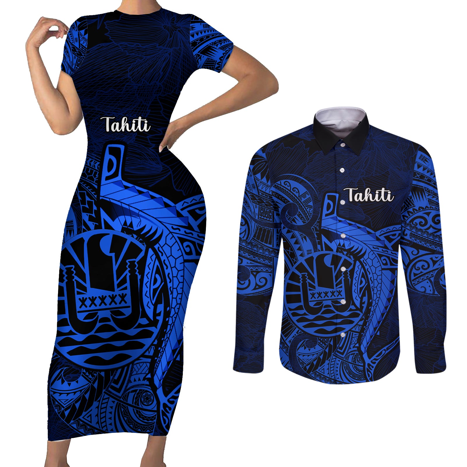 French Polynesia Tahiti Couples Matching Short Sleeve Bodycon Dress and Long Sleeve Button Shirts Polynesian Shark Tattoo With Hibiscus Blue Version LT14 Blue - Polynesian Pride