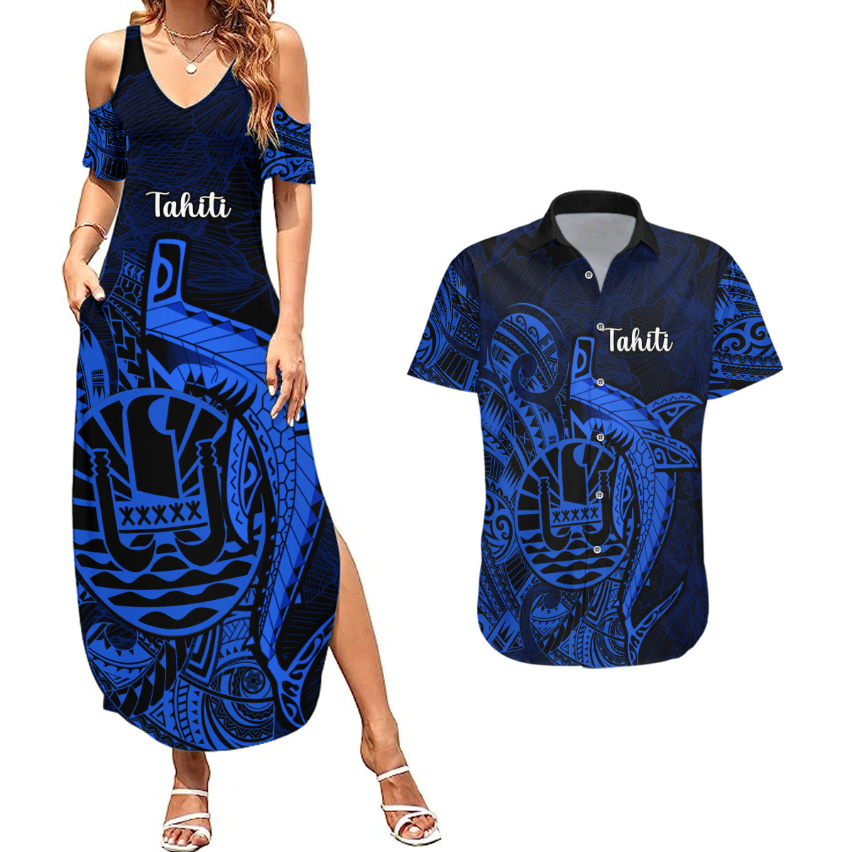 French Polynesia Tahiti Couples Matching Summer Maxi Dress and Hawaiian Shirt Polynesian Shark Tattoo With Hibiscus Blue Version LT14 Blue - Polynesian Pride