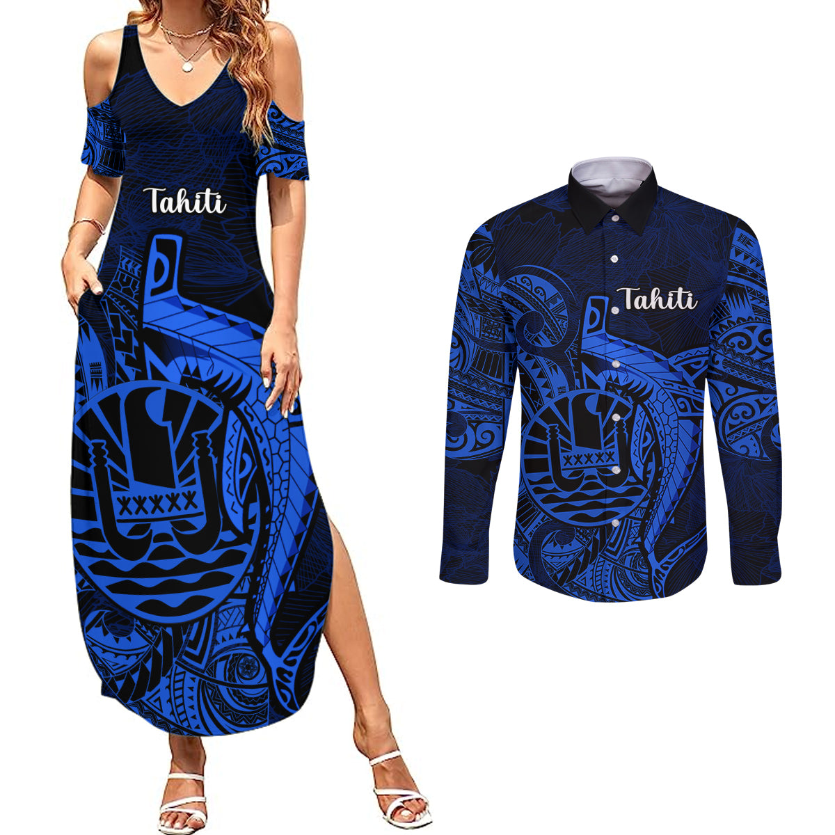 French Polynesia Tahiti Couples Matching Summer Maxi Dress and Long Sleeve Button Shirts Polynesian Shark Tattoo With Hibiscus Blue Version LT14 Blue - Polynesian Pride