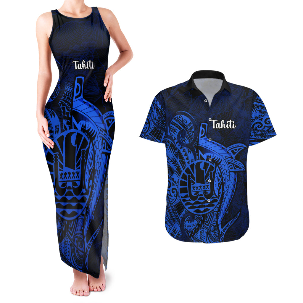 French Polynesia Tahiti Couples Matching Tank Maxi Dress and Hawaiian Shirt Polynesian Shark Tattoo With Hibiscus Blue Version LT14 Blue - Polynesian Pride