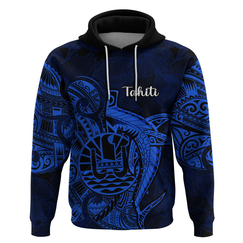 French Polynesia Tahiti Hoodie Polynesian Shark Tattoo With Hibiscus Blue Version LT14 Pullover Hoodie Blue - Polynesian Pride