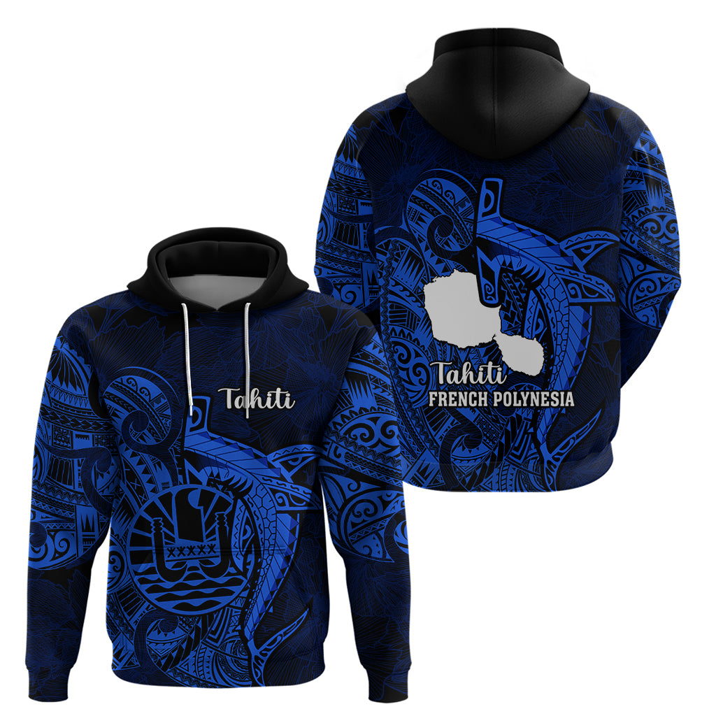 French Polynesia Tahiti Hoodie Polynesian Shark Tattoo With Hibiscus Blue Version LT14 - Polynesian Pride