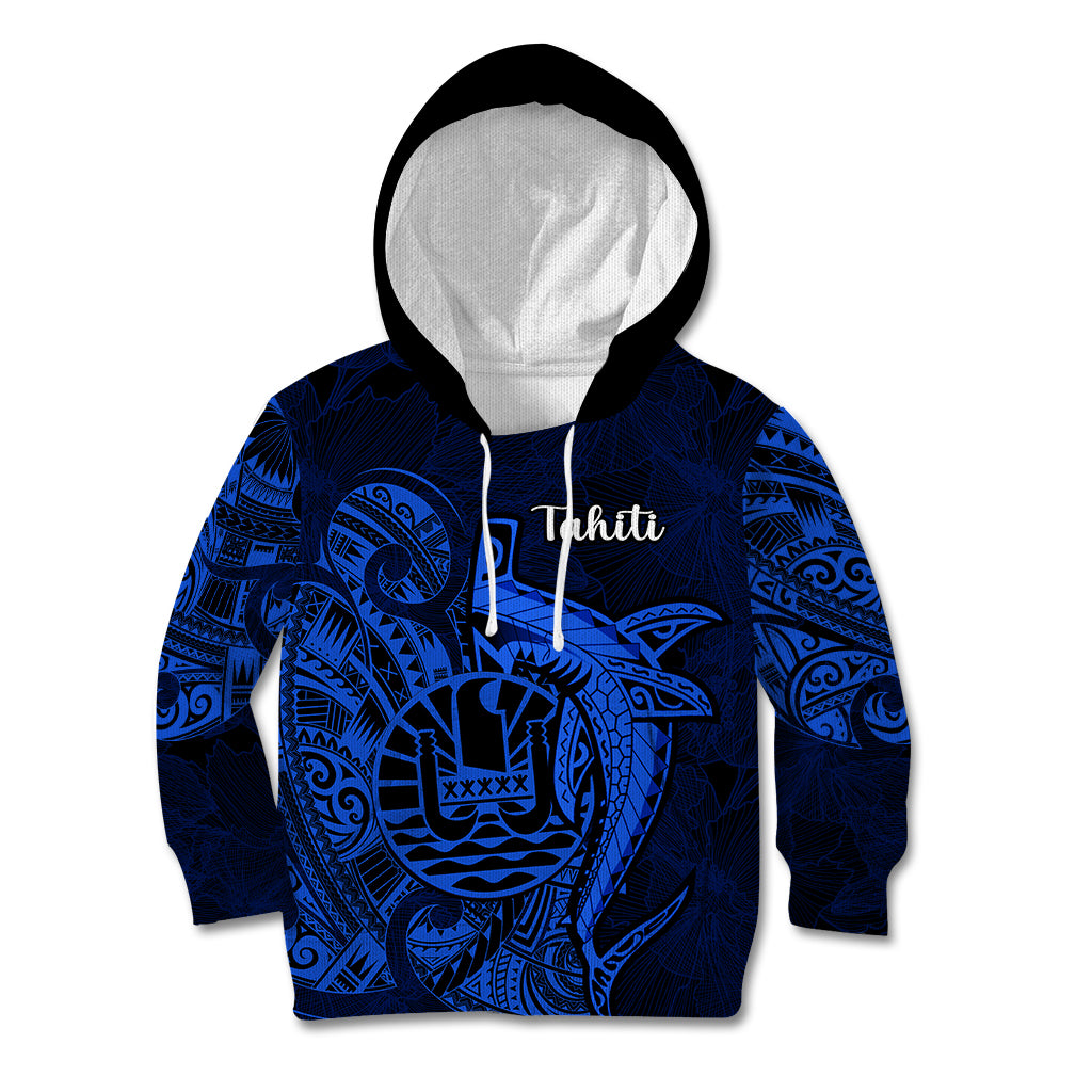 French Polynesia Tahiti Kid Hoodie Polynesian Shark Tattoo With Hibiscus Blue Version LT14 Blue - Polynesian Pride