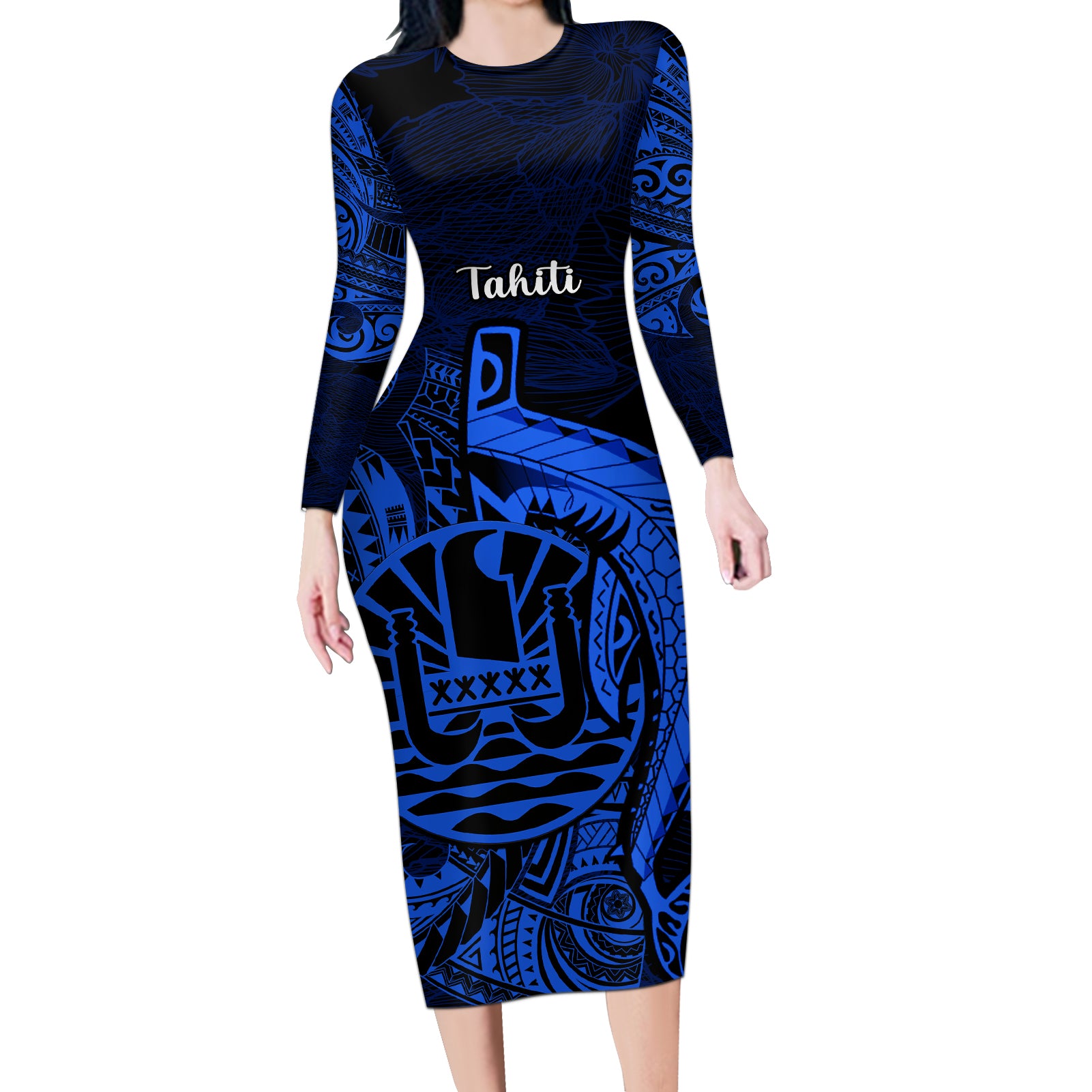 French Polynesia Tahiti Long Sleeve Bodycon Dress Polynesian Shark Tattoo With Hibiscus Blue Version LT14 Long Dress Blue - Polynesian Pride