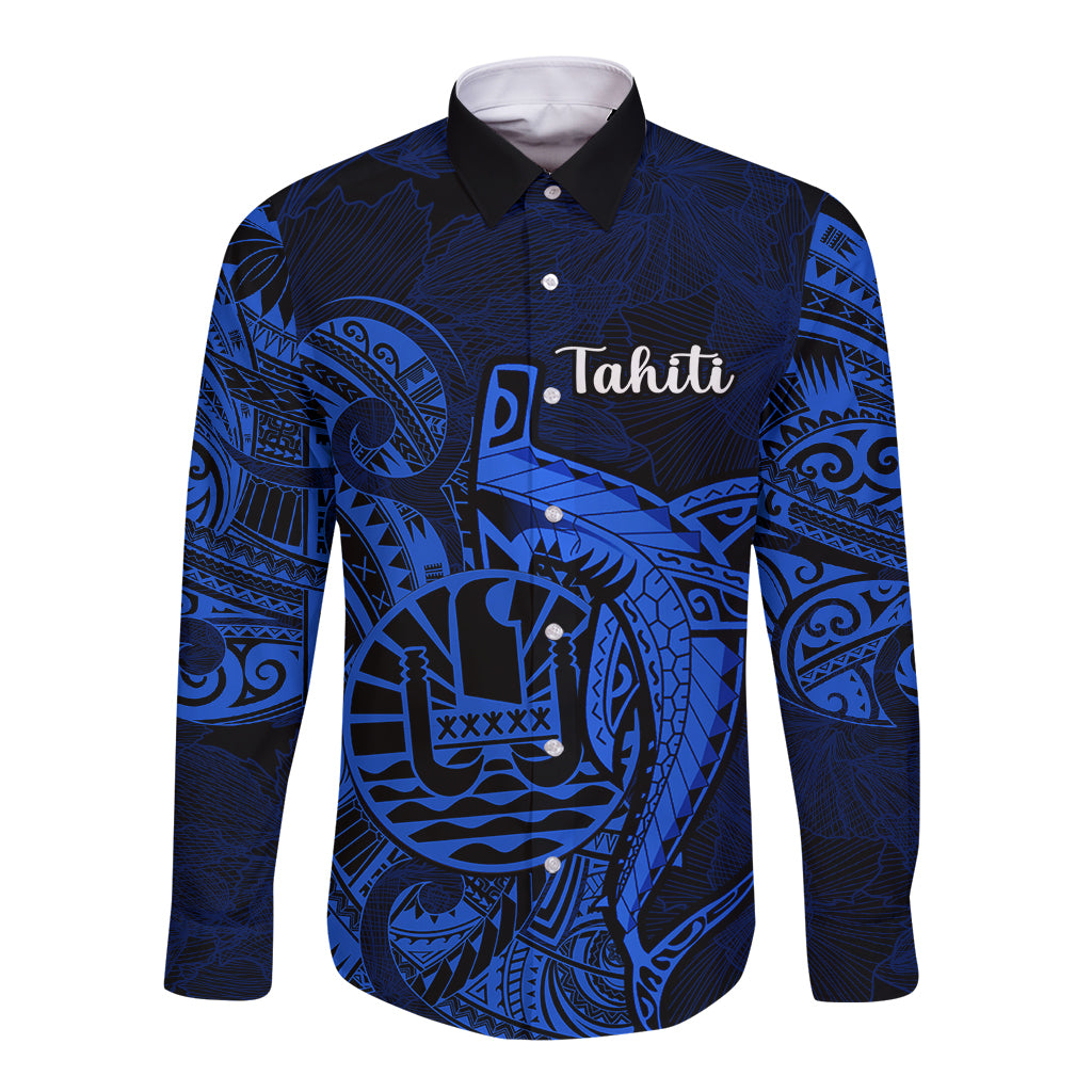 French Polynesia Tahiti Long Sleeve Button Shirt Polynesian Shark Tattoo With Hibiscus Blue Version LT14 Unisex Blue - Polynesian Pride