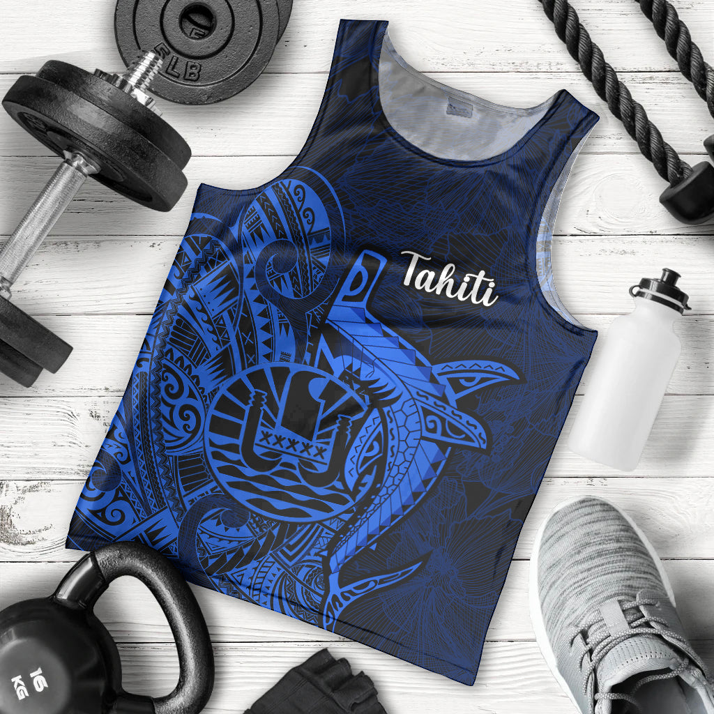 French Polynesia Tahiti Men Tank Top Polynesian Shark Tattoo With Hibiscus Blue Version LT14 Blue - Polynesian Pride