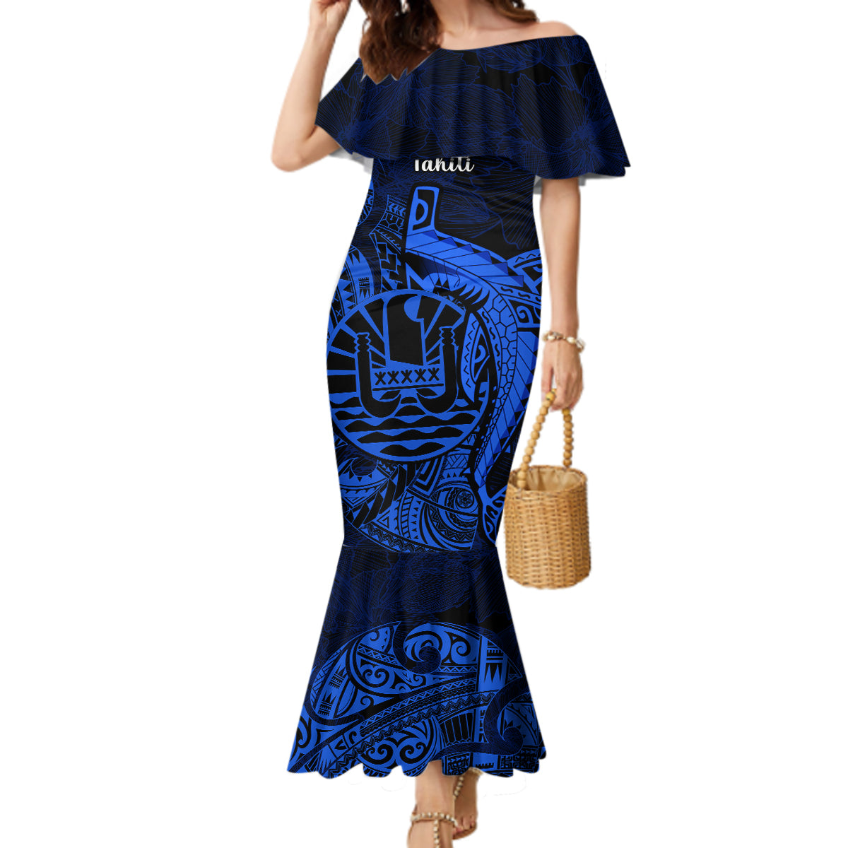 French Polynesia Tahiti Mermaid Dress Polynesian Shark Tattoo With Hibiscus Blue Version LT14 Women Blue - Polynesian Pride