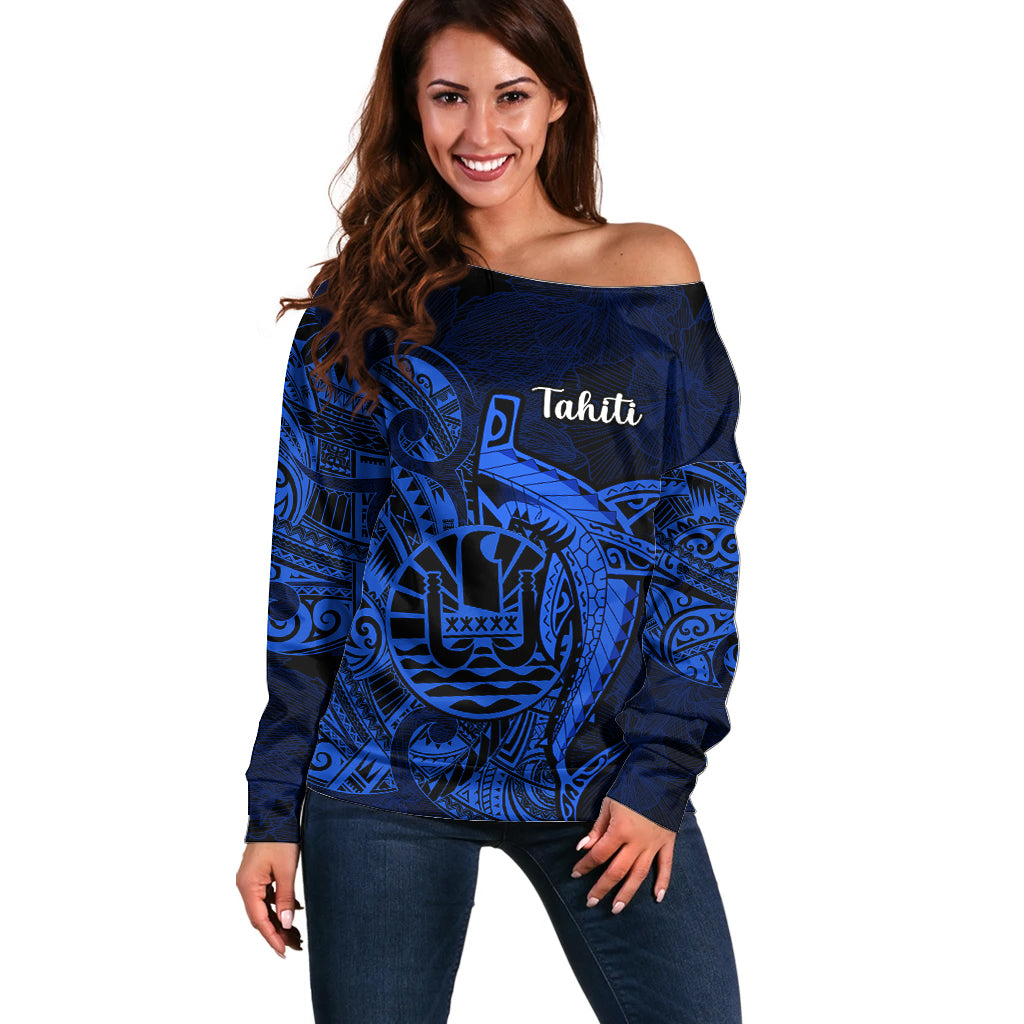 French Polynesia Tahiti Off Shoulder Sweater Polynesian Shark Tattoo With Hibiscus Blue Version LT14 Women Blue - Polynesian Pride