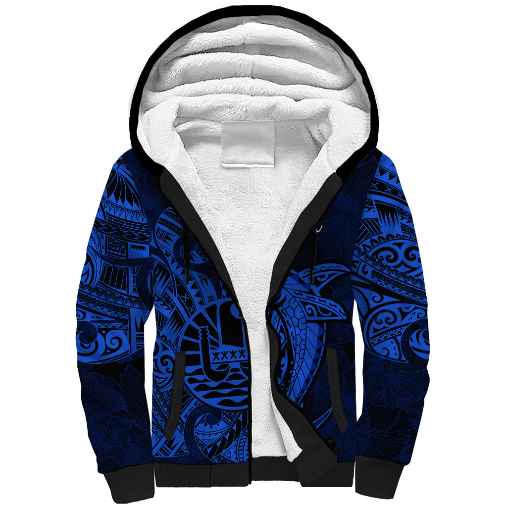 French Polynesia Tahiti Sherpa Hoodie Polynesian Shark Tattoo With Hibiscus Blue Version LT14 Unisex Blue - Polynesian Pride