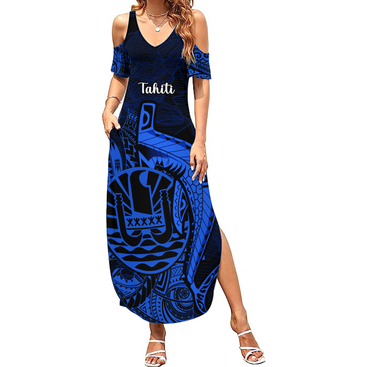 French Polynesia Tahiti Summer Maxi Dress Polynesian Shark Tattoo With Hibiscus Blue Version LT14 Women Blue - Polynesian Pride