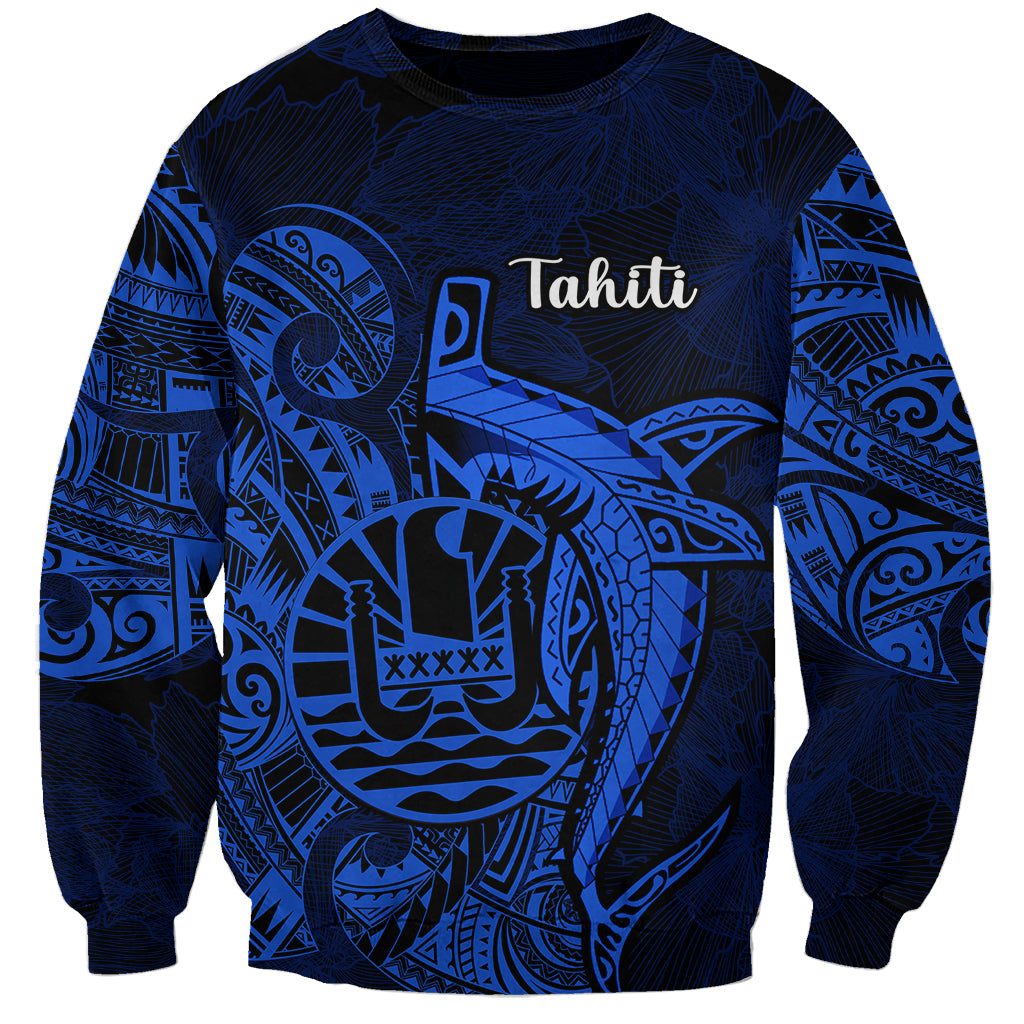 French Polynesia Tahiti Sweatshirt Polynesian Shark Tattoo With Hibiscus Blue Version LT14 Unisex Blue - Polynesian Pride