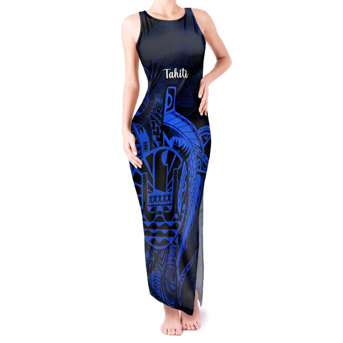 French Polynesia Tahiti Tank Maxi Dress Polynesian Shark Tattoo With Hibiscus Blue Version LT14 Women Blue - Polynesian Pride