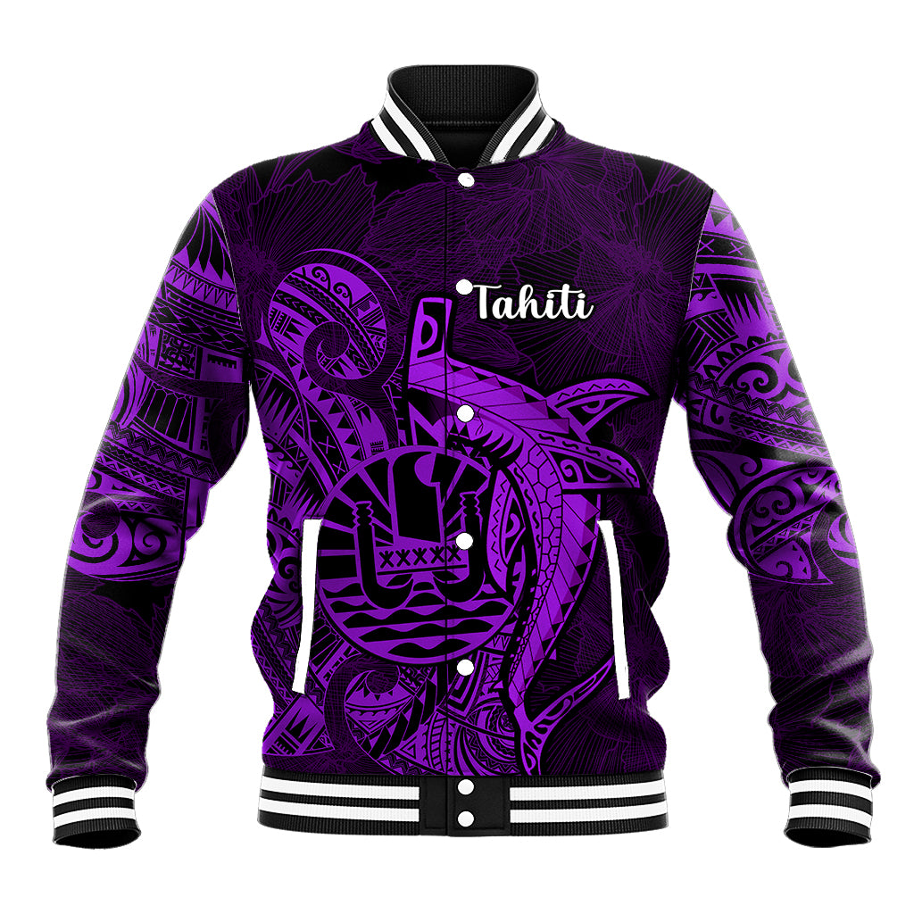 French Polynesia Tahiti Baseball Jacket Polynesian Shark Tattoo With Hibiscus Purple Version LT14 Unisex Purple - Polynesian Pride