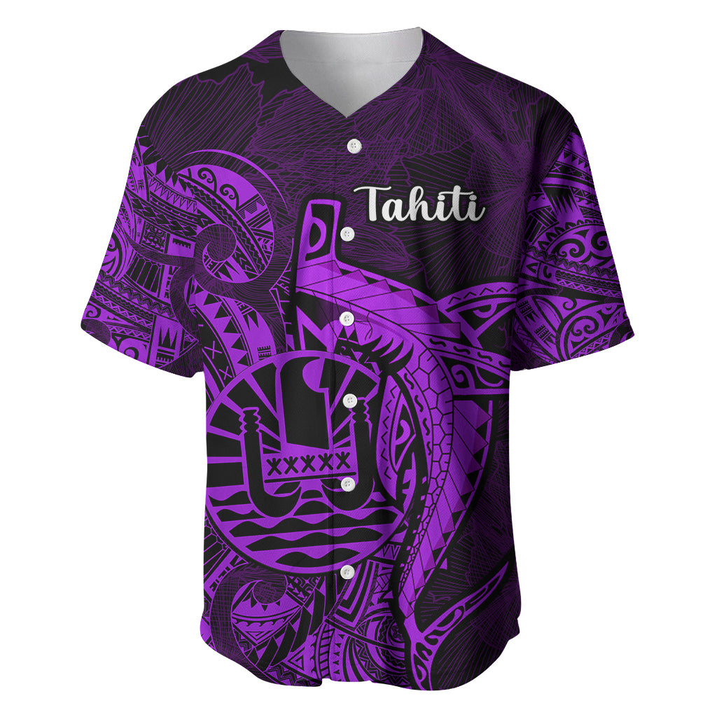 French Polynesia Tahiti Baseball Jersey Polynesian Shark Tattoo With Hibiscus Purple Version LT14 Purple - Polynesian Pride