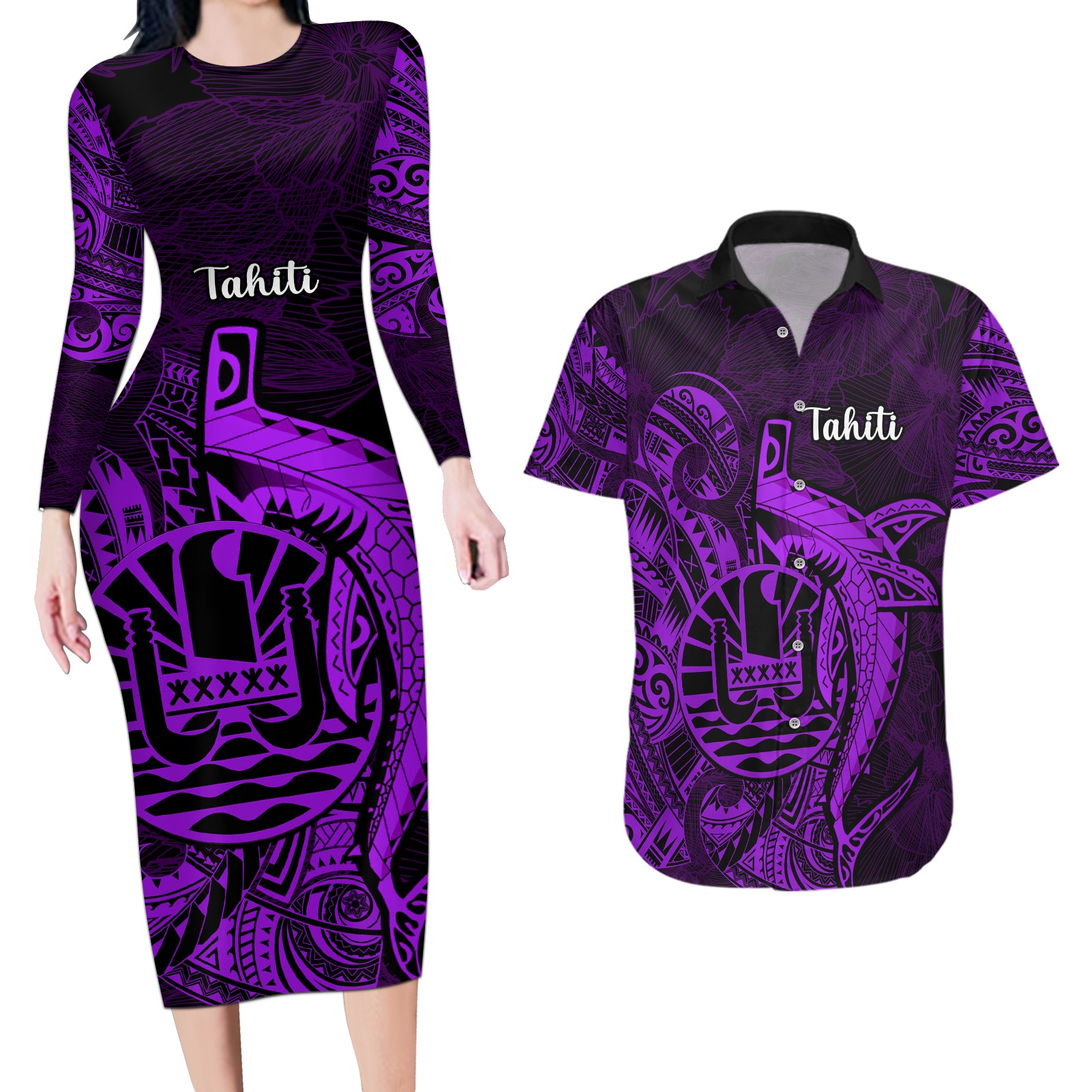 French Polynesia Tahiti Couples Matching Long Sleeve Bodycon Dress and Hawaiian Shirt Polynesian Shark Tattoo With Hibiscus Purple Version LT14 Purple - Polynesian Pride