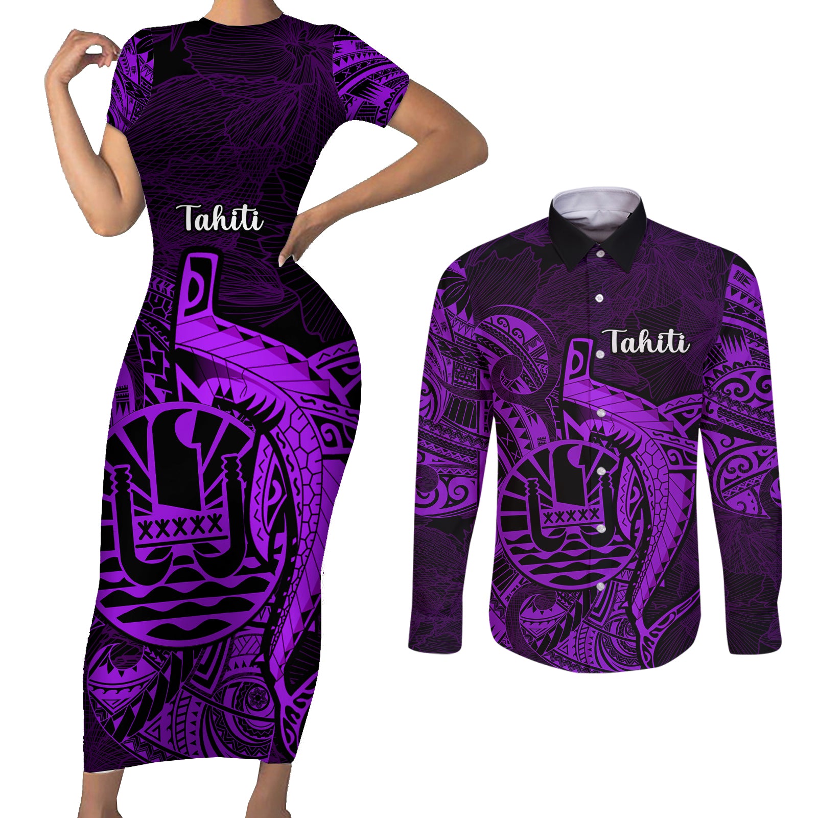 French Polynesia Tahiti Couples Matching Short Sleeve Bodycon Dress and Long Sleeve Button Shirts Polynesian Shark Tattoo With Hibiscus Purple Version LT14 Purple - Polynesian Pride