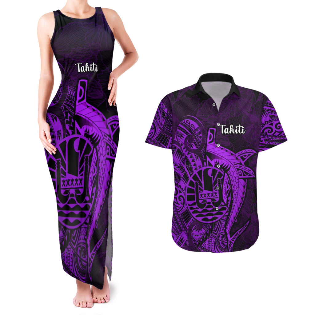 French Polynesia Tahiti Couples Matching Tank Maxi Dress and Hawaiian Shirt Polynesian Shark Tattoo With Hibiscus Purple Version LT14 Purple - Polynesian Pride