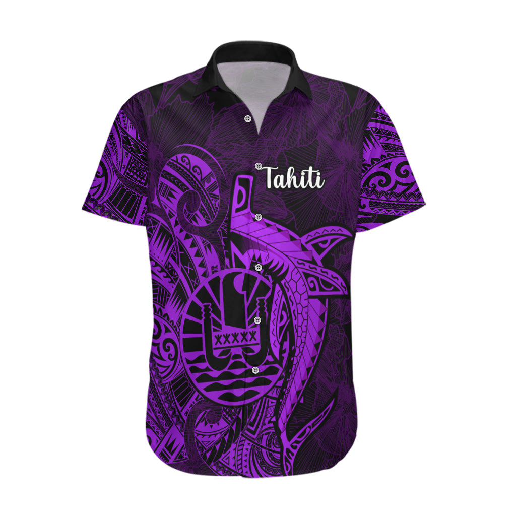 French Polynesia Tahiti Hawaiian Shirt Polynesian Shark Tattoo With Hibiscus Purple Version LT14 Purple - Polynesian Pride