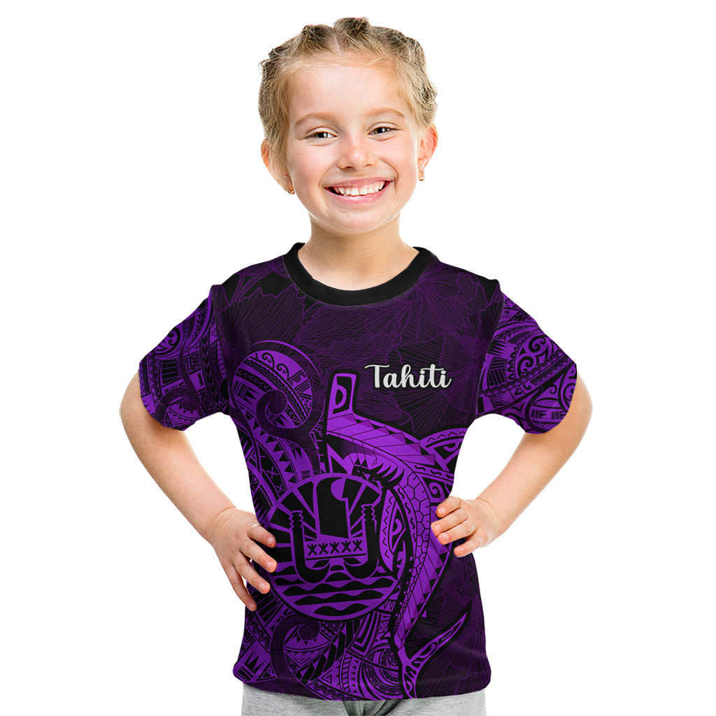 French Polynesia Tahiti Kid T Shirt Polynesian Shark Tattoo With Hibiscus Purple Version LT14 Purple - Polynesian Pride