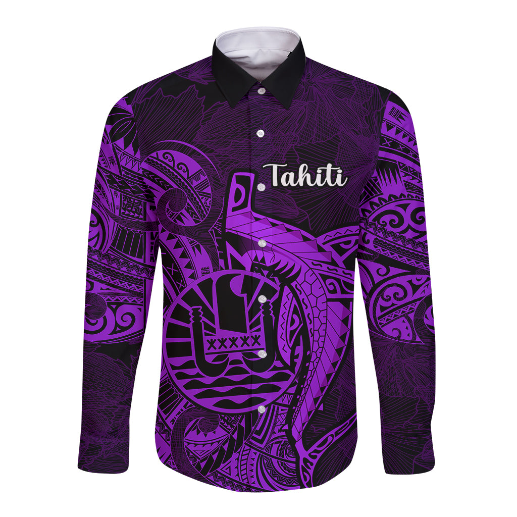 French Polynesia Tahiti Long Sleeve Button Shirt Polynesian Shark Tattoo With Hibiscus Purple Version LT14 Unisex Purple - Polynesian Pride