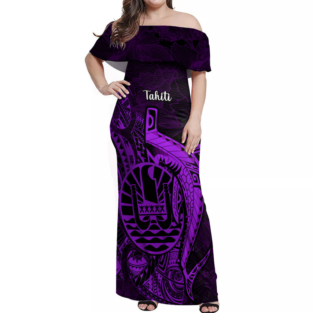 French Polynesia Tahiti Off Shoulder Maxi Dress Polynesian Shark Tattoo With Hibiscus Purple Version LT14 Women Purple - Polynesian Pride