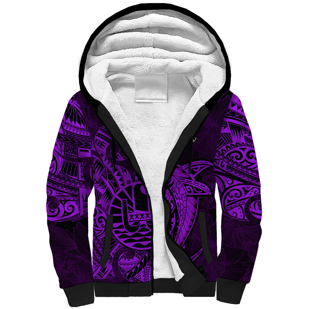 French Polynesia Tahiti Sherpa Hoodie Polynesian Shark Tattoo With Hibiscus Purple Version LT14 Unisex Purple - Polynesian Pride