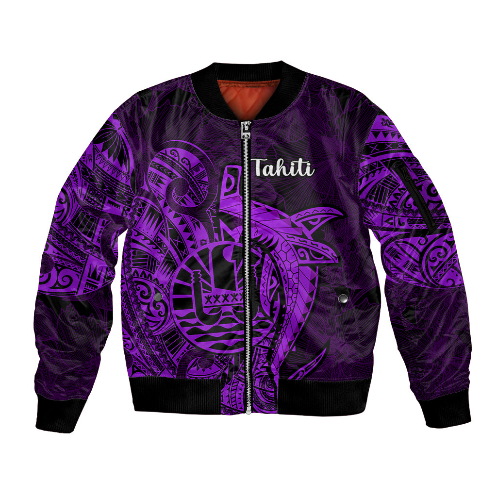 French Polynesia Tahiti Sleeve Zip Bomber Jacket Polynesian Shark Tattoo With Hibiscus Purple Version LT14 Unisex Purple - Polynesian Pride