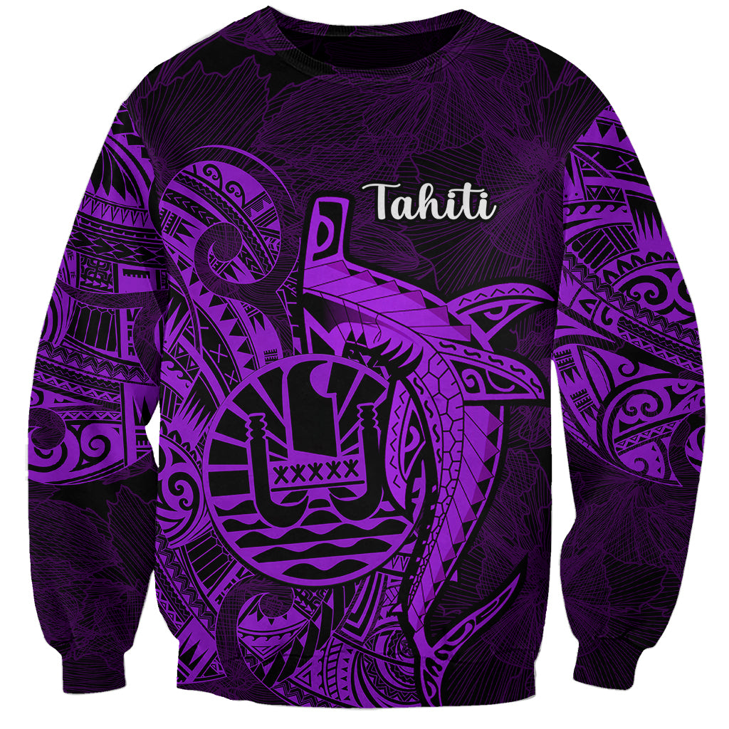 French Polynesia Tahiti Sweatshirt Polynesian Shark Tattoo With Hibiscus Purple Version LT14 Unisex Purple - Polynesian Pride