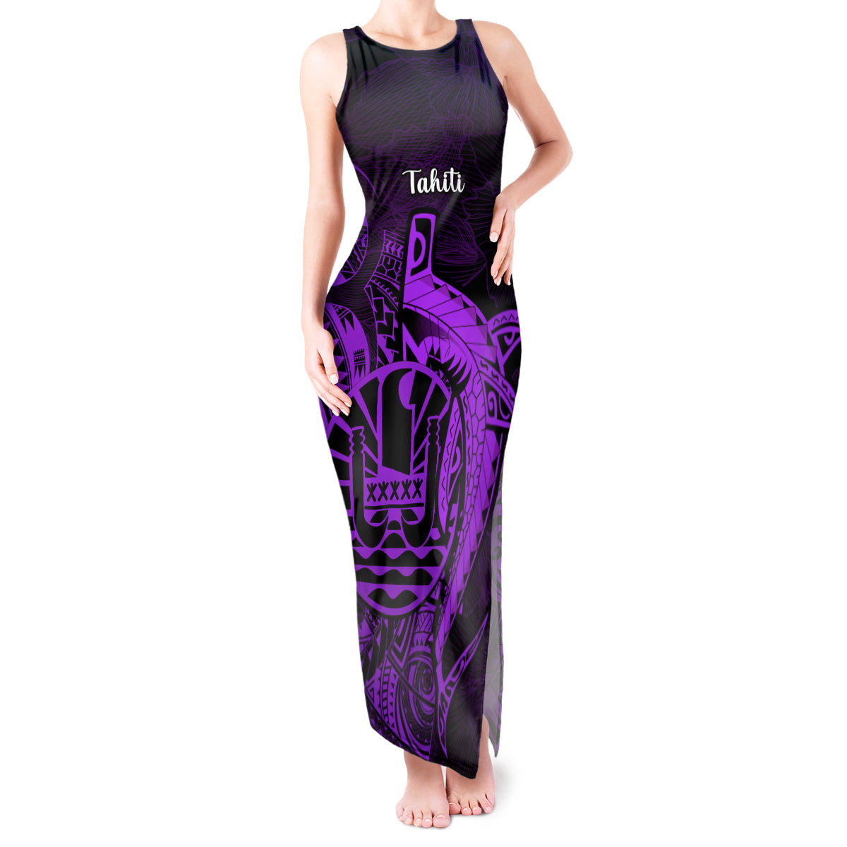 French Polynesia Tahiti Tank Maxi Dress Polynesian Shark Tattoo With Hibiscus Purple Version LT14 Women Purple - Polynesian Pride