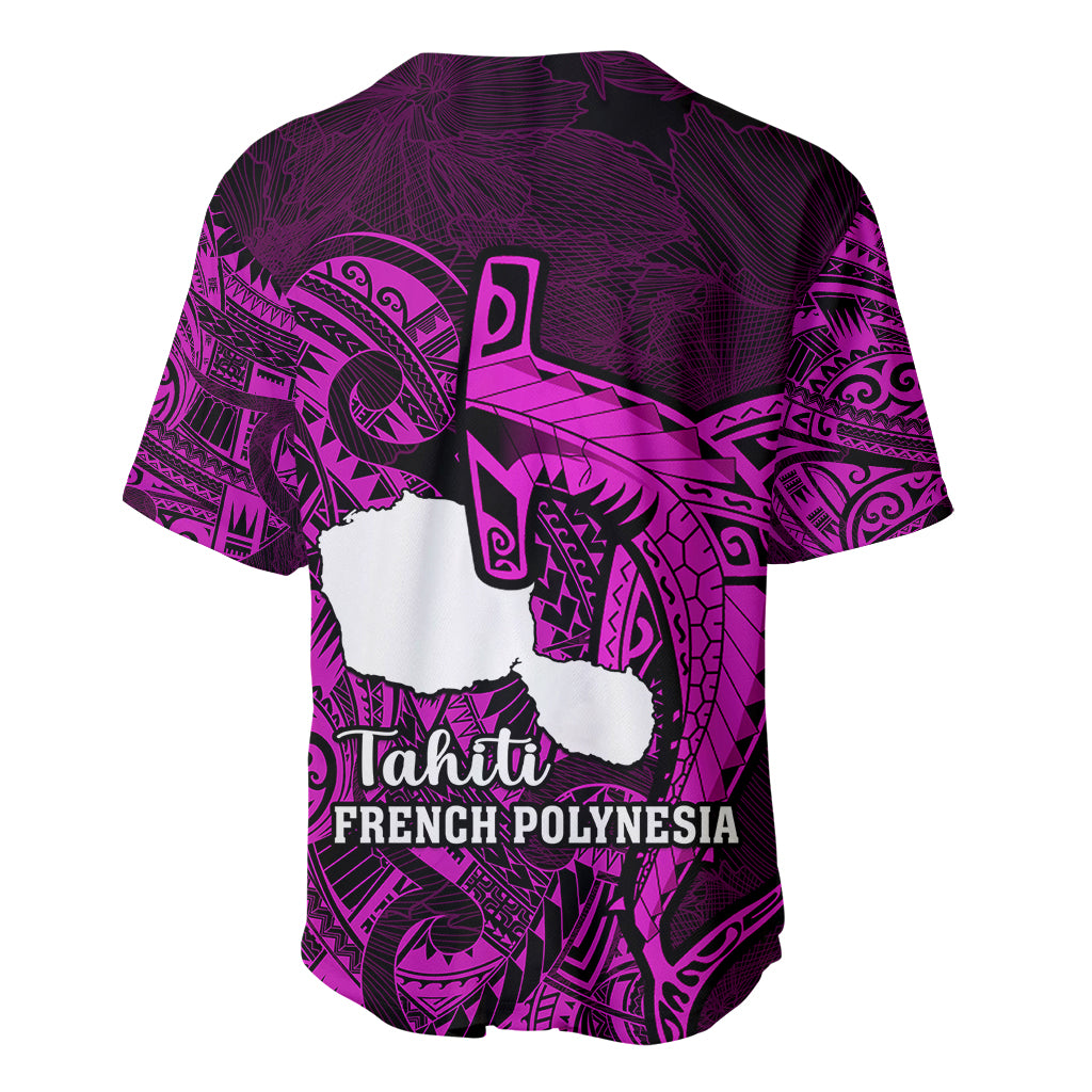 French Polynesia Tahiti Baseball Jersey Polynesian Shark Tattoo With Hibiscus Pink Version LT14 - Polynesian Pride