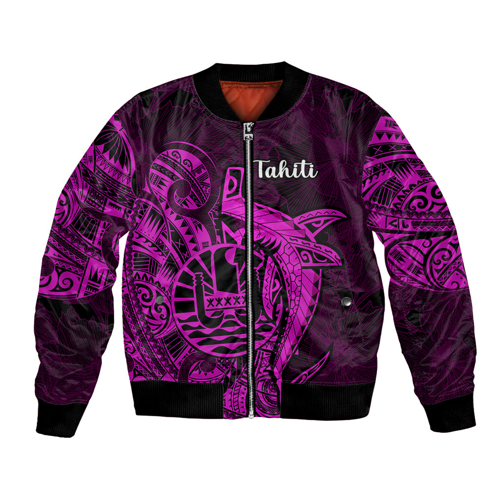 French Polynesia Tahiti Bomber Jacket Polynesian Shark Tattoo With Hibiscus Pink Version LT14 Unisex Pink - Polynesian Pride