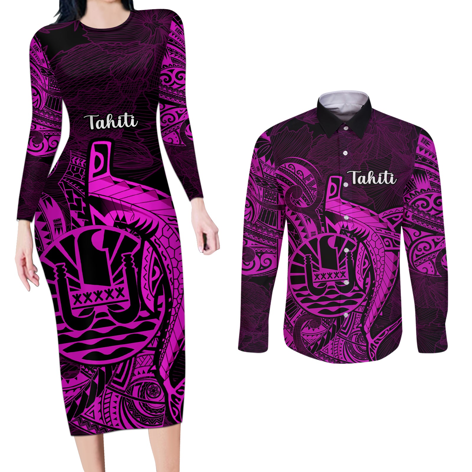 French Polynesia Tahiti Couples Matching Long Sleeve Bodycon Dress and Long Sleeve Button Shirts Polynesian Shark Tattoo With Hibiscus Pink Version LT14 Pink - Polynesian Pride