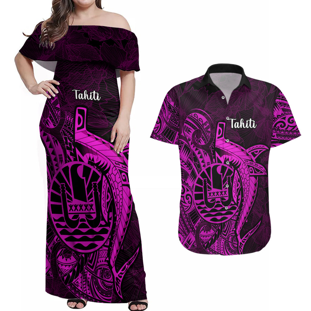 French Polynesia Tahiti Couples Matching Off Shoulder Maxi Dress and Hawaiian Shirt Polynesian Shark Tattoo With Hibiscus Pink Version LT14 Pink - Polynesian Pride