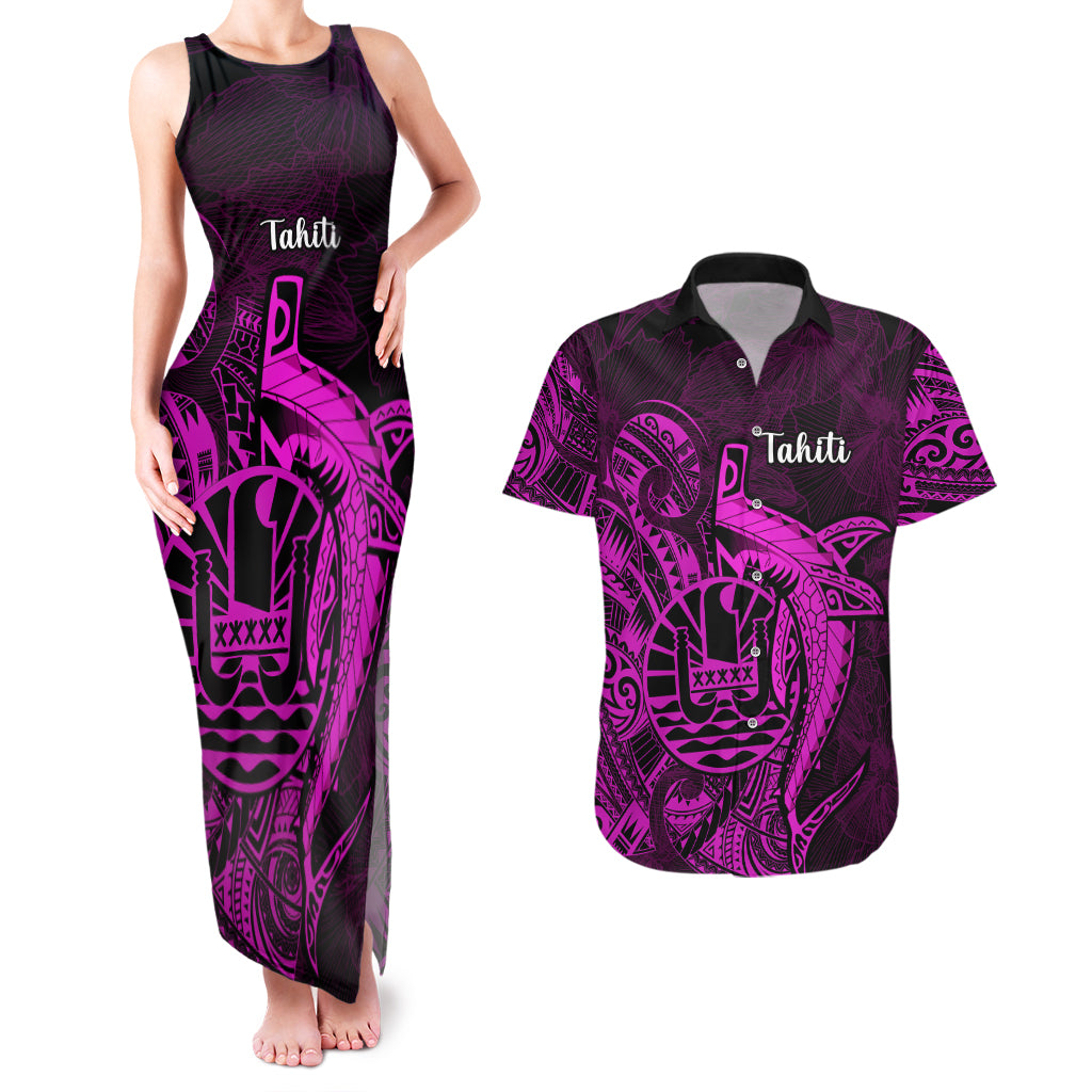 French Polynesia Tahiti Couples Matching Tank Maxi Dress and Hawaiian Shirt Polynesian Shark Tattoo With Hibiscus Pink Version LT14 Pink - Polynesian Pride