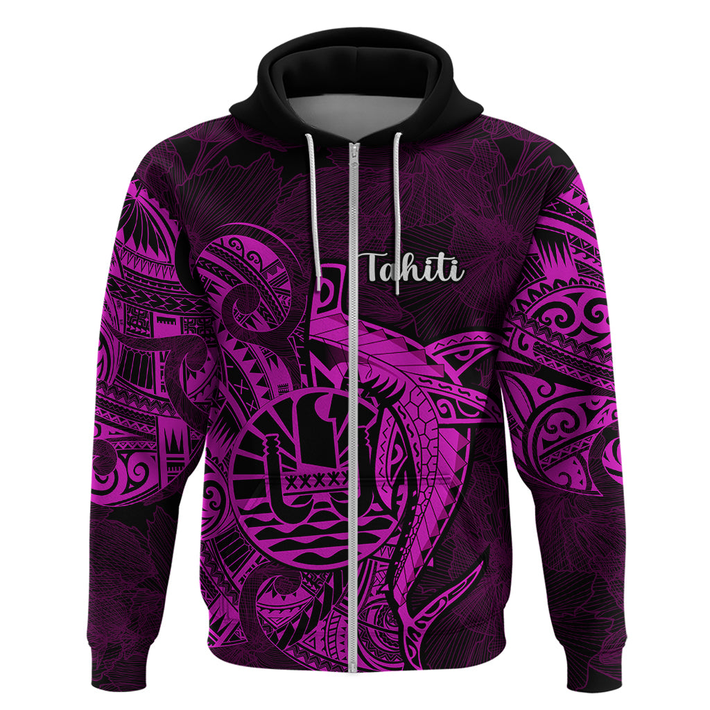 French Polynesia Tahiti Hoodie Polynesian Shark Tattoo With Hibiscus Pink Version LT14 Zip Hoodie Pink - Polynesian Pride