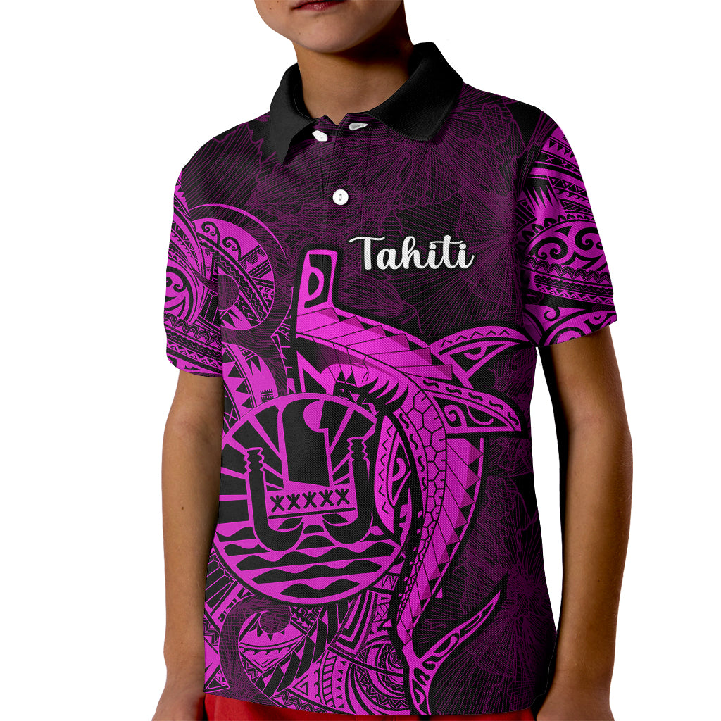 French Polynesia Tahiti Kid Polo Shirt Polynesian Shark Tattoo With Hibiscus Pink Version LT14 Kid Pink - Polynesian Pride