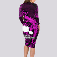 French Polynesia Tahiti Long Sleeve Bodycon Dress Polynesian Shark Tattoo With Hibiscus Pink Version LT14 - Polynesian Pride