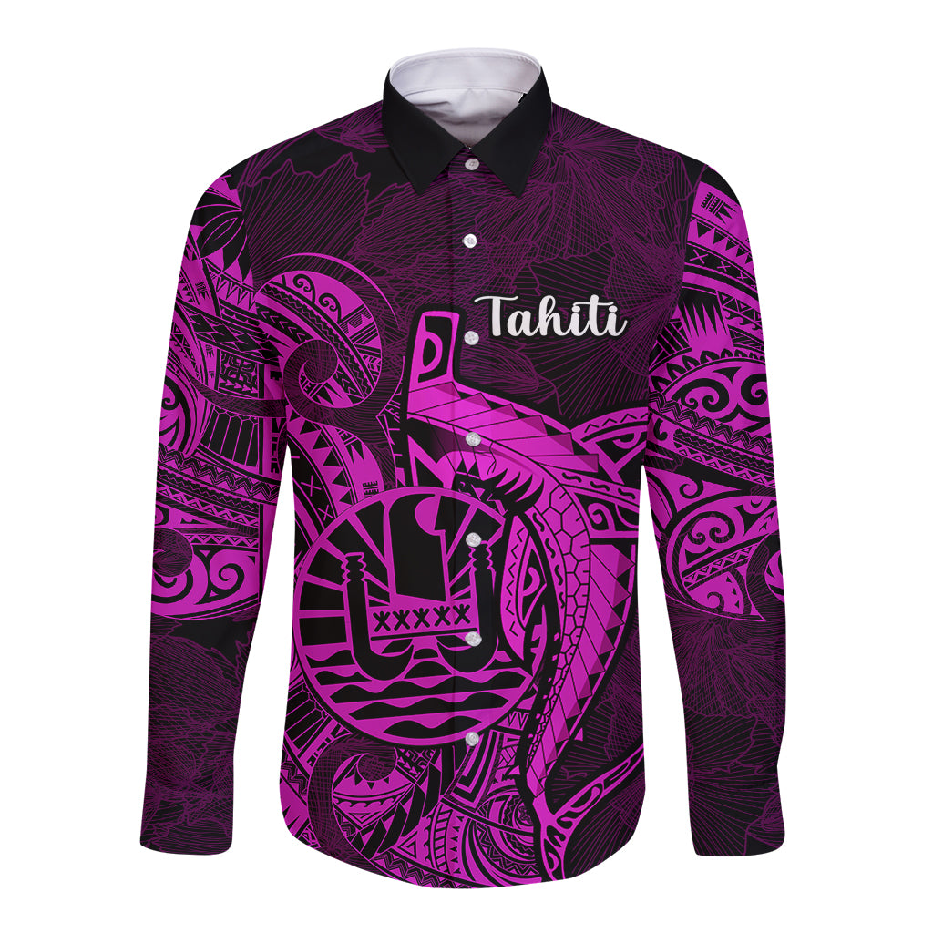 French Polynesia Tahiti Long Sleeve Button Shirt Polynesian Shark Tattoo With Hibiscus Pink Version LT14 Unisex Pink - Polynesian Pride