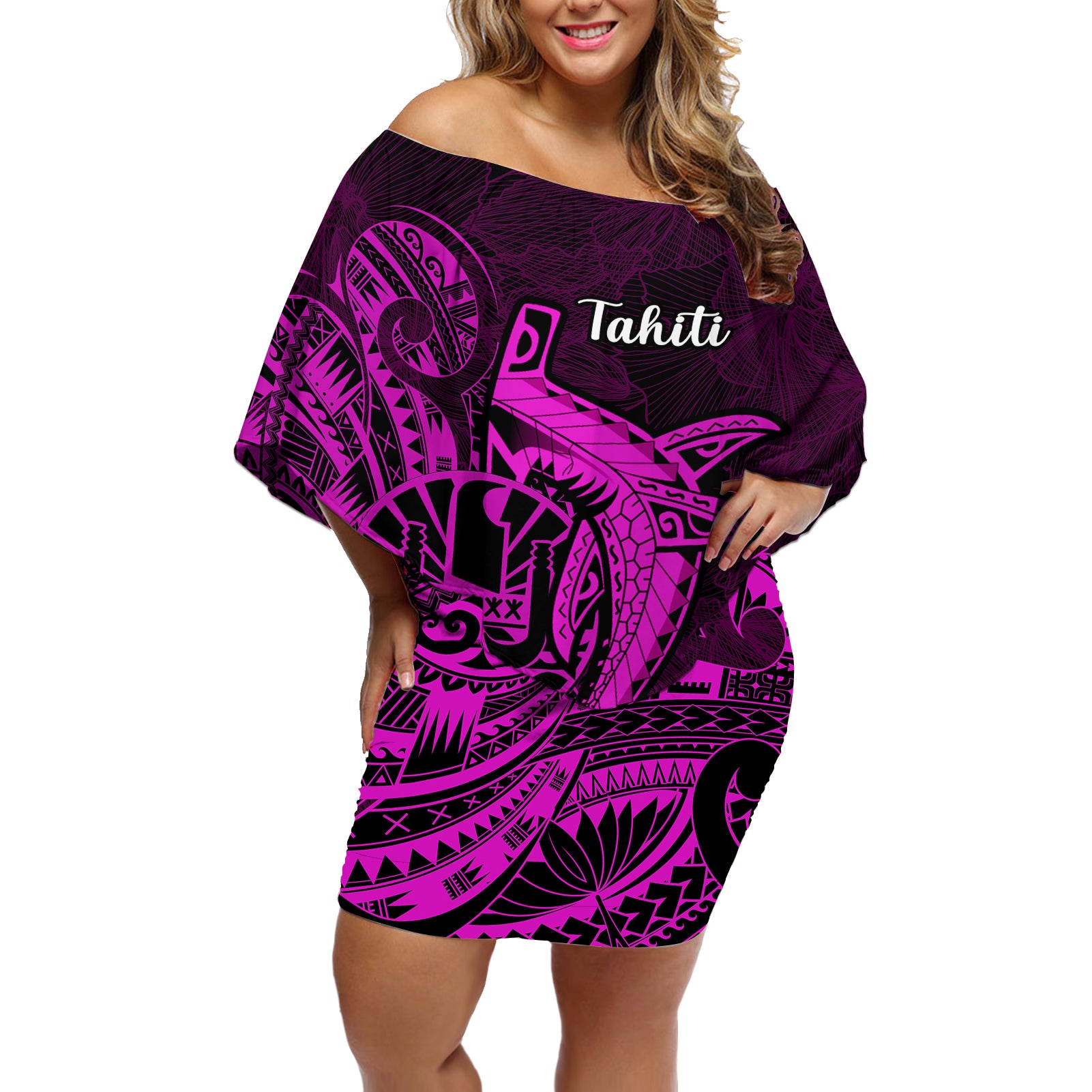 French Polynesia Tahiti Off Shoulder Short Dress Polynesian Shark Tattoo With Hibiscus Pink Version LT14 Women Pink - Polynesian Pride