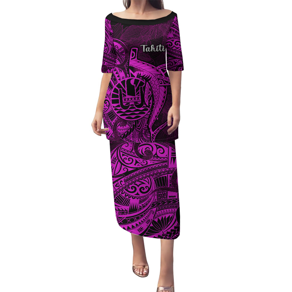 French Polynesia Tahiti Puletasi Polynesian Shark Tattoo With Hibiscus Pink Version LT14 Long Dress Pink - Polynesian Pride