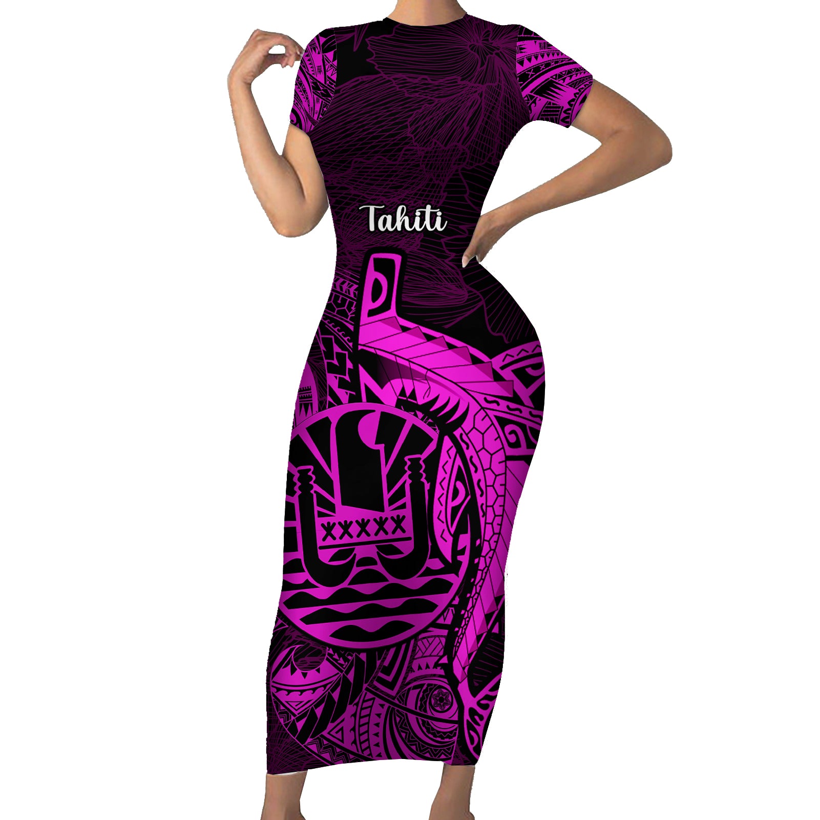 French Polynesia Tahiti Short Sleeve Bodycon Dress Polynesian Shark Tattoo With Hibiscus Pink Version LT14 Long Dress Pink - Polynesian Pride