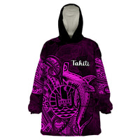 French Polynesia Tahiti Wearable Blanket Hoodie Polynesian Shark Tattoo With Hibiscus Pink Version LT14 One Size Pink - Polynesian Pride