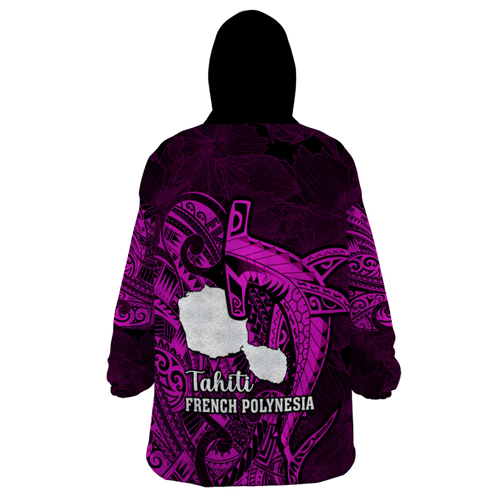 French Polynesia Tahiti Wearable Blanket Hoodie Polynesian Shark Tattoo With Hibiscus Pink Version LT14 - Polynesian Pride