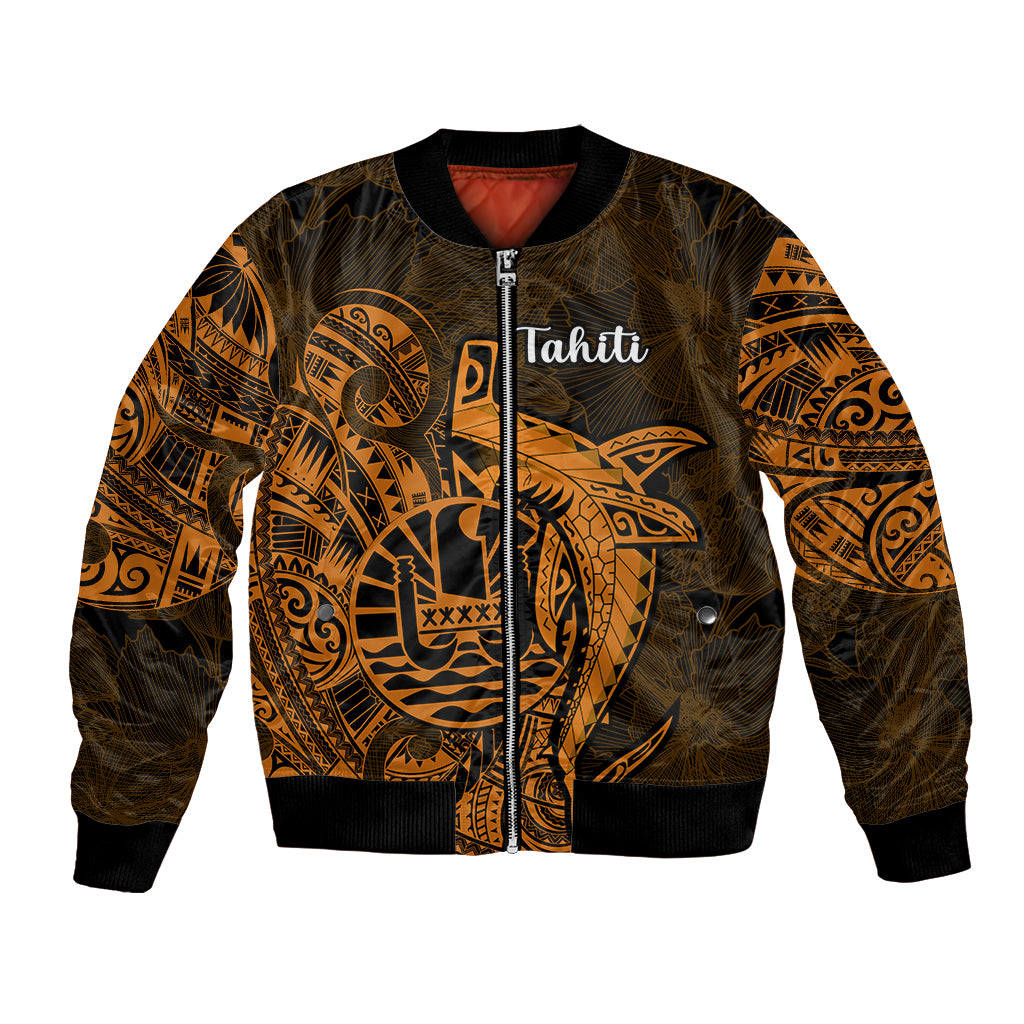 French Polynesia Tahiti Bomber Jacket Polynesian Shark Tattoo With Hibiscus Red Version LT14 Unisex Gold - Polynesian Pride